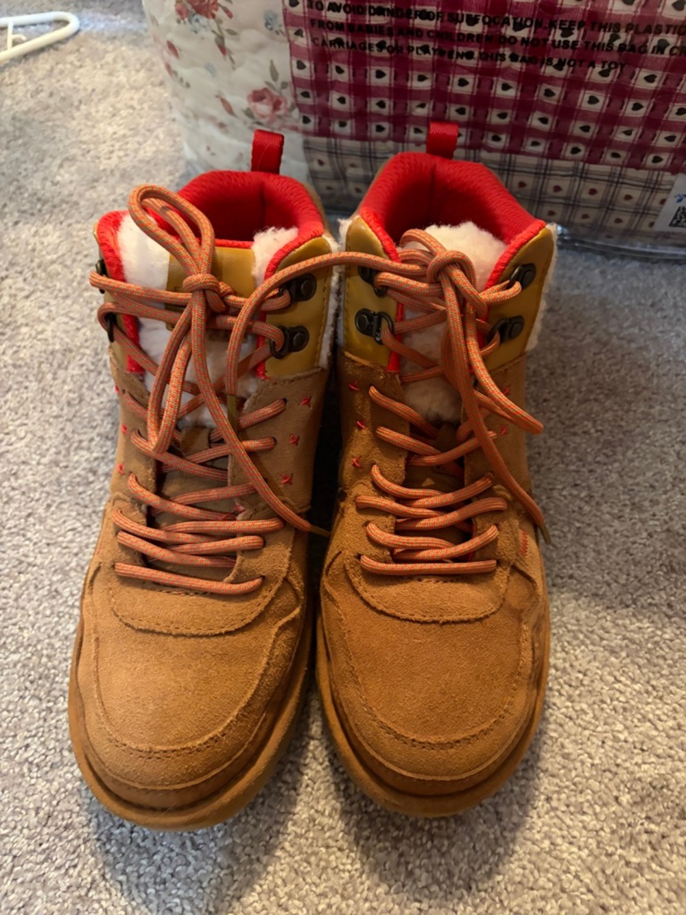 UGG Suede Lace-Up Hiker Boots in Cognac with Red Trim